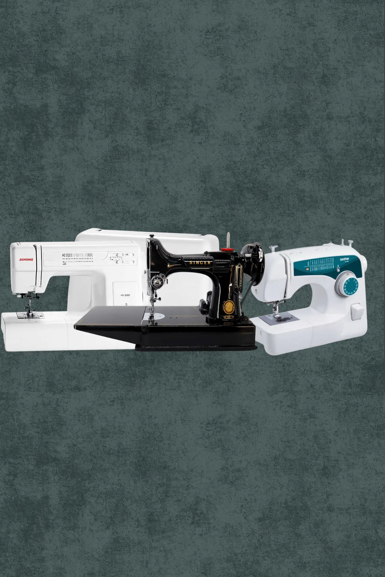 Popular mechanical sewing machines (A Singer 221 Featherweight, a Brother XL2600i,
                                                    and a Janome HD3000)